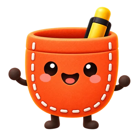 Pocket, das HabitPocket-Maskottchen: eine orange Tasche mit Stift, die winkt